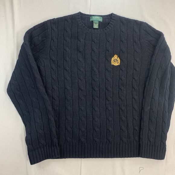 Lauren Ralph Lauren Lambs wool Cable Knit Sweater Women's Large Black Gold Crest - Picture 1 of 8